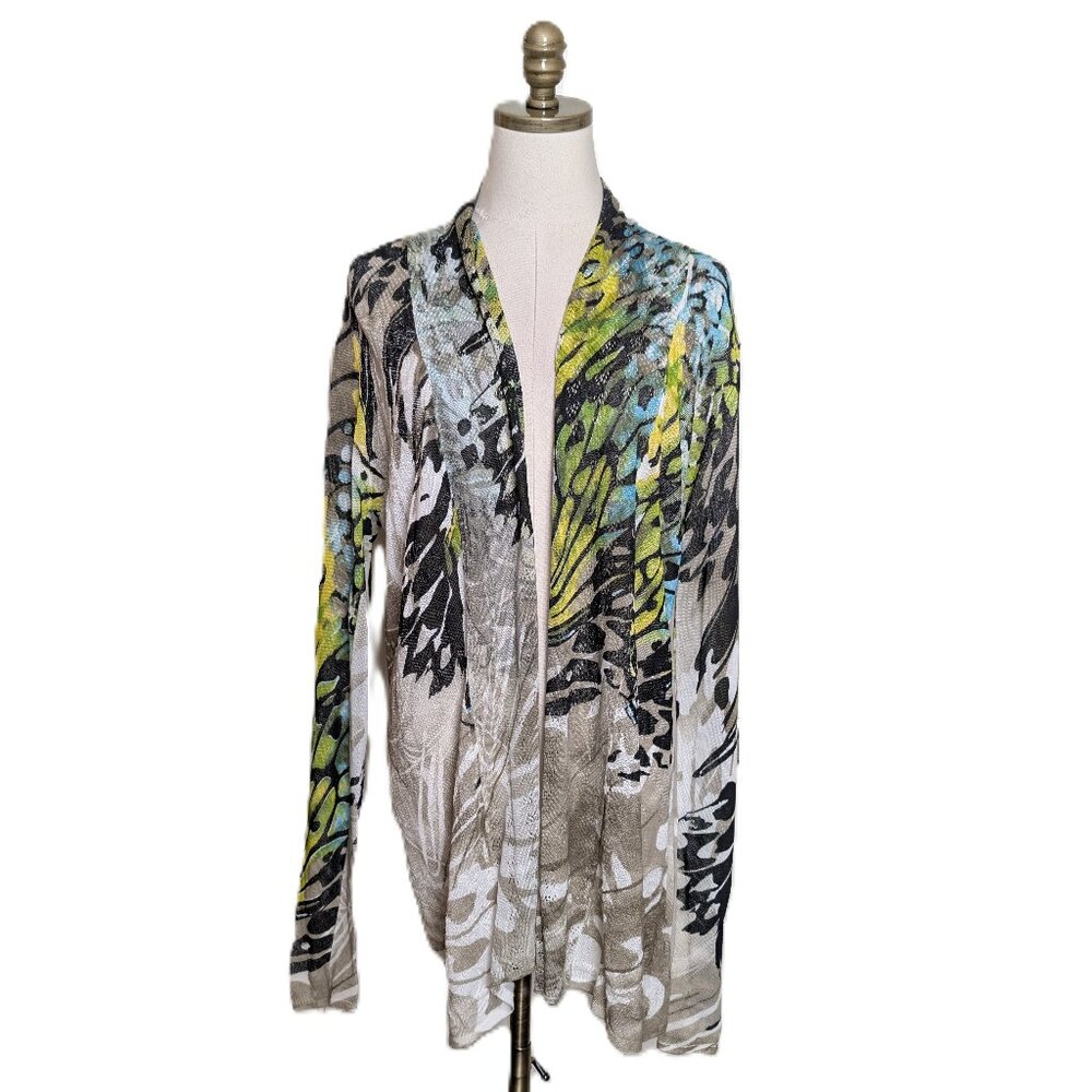 Alberto Makali Butterfly Print Open Cardigan Duster Size L Green Lightweight